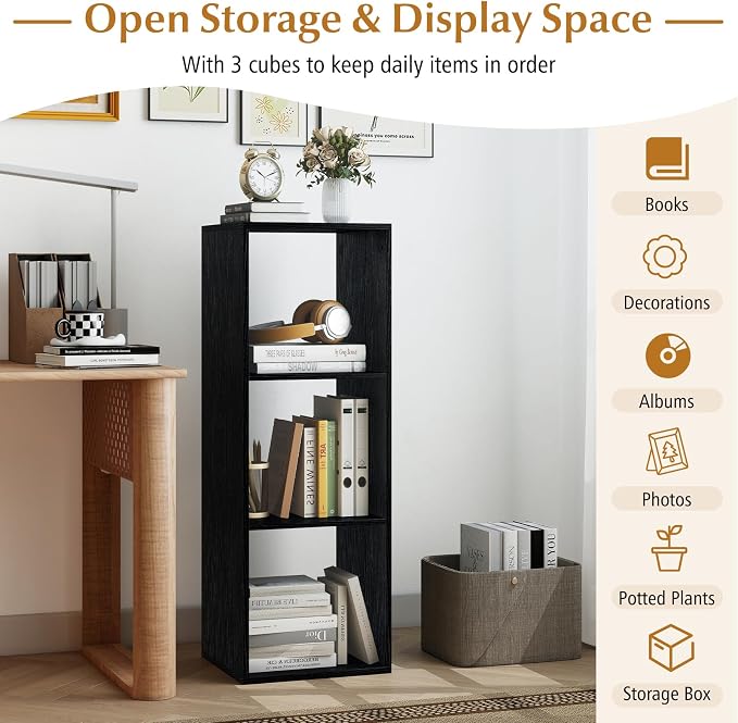 Tangkula 3-Cube Bookcase, 4-Tier Bookshelf with Open Compartments, Freestanding Cube Storage Organizer with Anti-Toppling Kits, Modern Display Shelf for Living Room, Study (2, Black, 3-Cube)