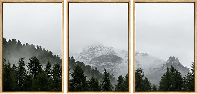 SIGNWIN 3 Piece Framed Canvas Wall Art Foggy Mountains Canvas Prints Home Artwork Decoration for Living Room,Bedroom - 16"x24"x3 Natural