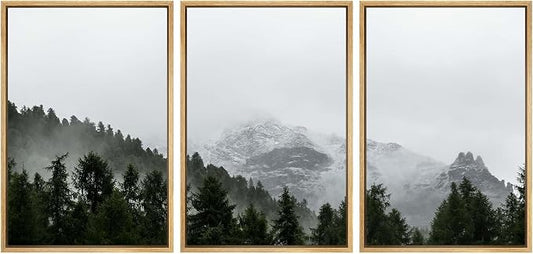 SIGNWIN 3 Piece Framed Canvas Wall Art Foggy Mountains Canvas Prints Home Artwork Decoration for Living Room,Bedroom - 16"x24"x3 Natural