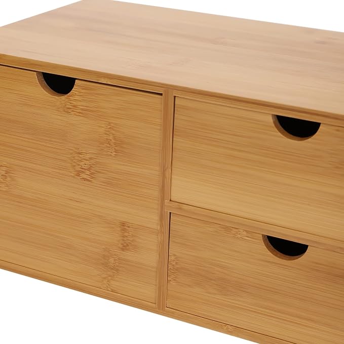 Bamboo Desk Organizer Small Retro Bamboo Tabletop Storage Box with Drawers& Recess Handles for Office Home Supplies Table Storage Collector 13 * 7.5 * 6in (3 Drawers/1 Left&2 Right)