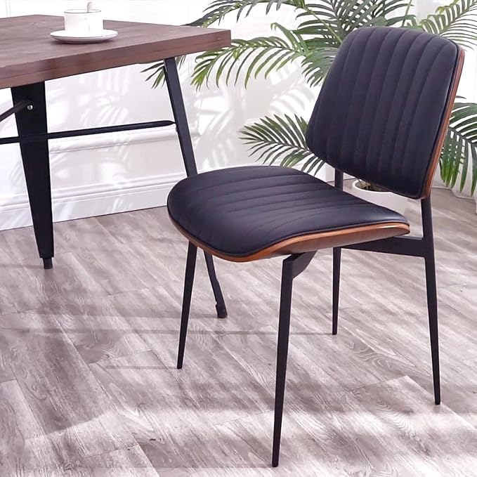 LUNLING Dining Chairs Set of 4 Mid Century Modern Retro Faux Leather Chair with Walnut Bentwood Upholstered Seat Metal Legs Chairs,Adjustable Foot for Kitchen Dining Room Chairs(Black)