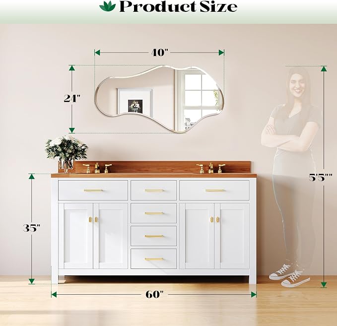 Irregular Wall Mirror, 24”x40” Asymmetrical Wall Mirror, Frameless Asymmetrical Mirrors for Bathroom Entry Way Bedroom Living Room