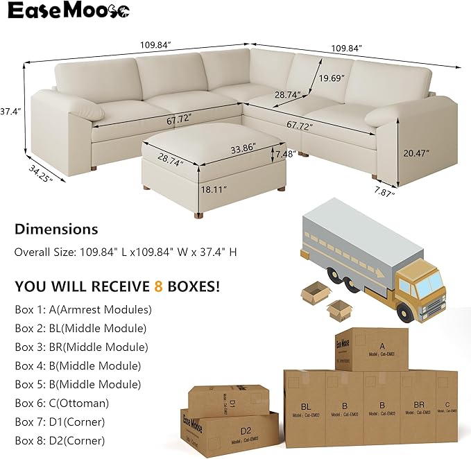 EASE MOOSE Oversized Modular Sectional Couch with Ottoman, Faux Leather Sectional Sofa with Deep Seat, Scratch Resistant Faux Leather Material, Extra Large L Shaped Couch,Beige