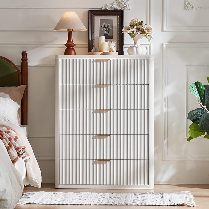 LEYAOYAO Fluted 5 Drawers Dresser for Bedroom, 41" Tall Modern Chest of Drawers with Metal Handle, Curved Profile Farmhouse Closet Organizer Wood Dressers TV Stand for Living Room,Antique White