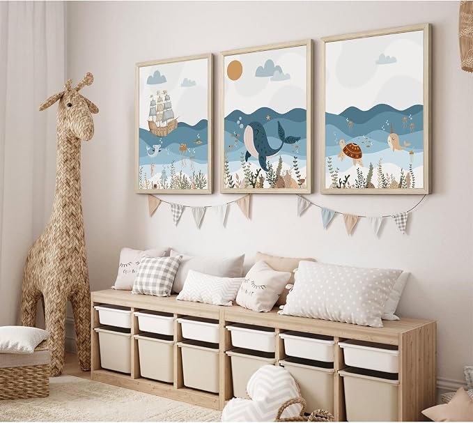 Ocean Nursery Wall Art Pictures Blue Nautical Canvas Art Beach Animal Wall Decor Baby Boys Room Wall Art Sea Whale Prints Ocean Nautical Poster for Nursery Baby Room 12x16 Inch Set of 3 Wood Framed