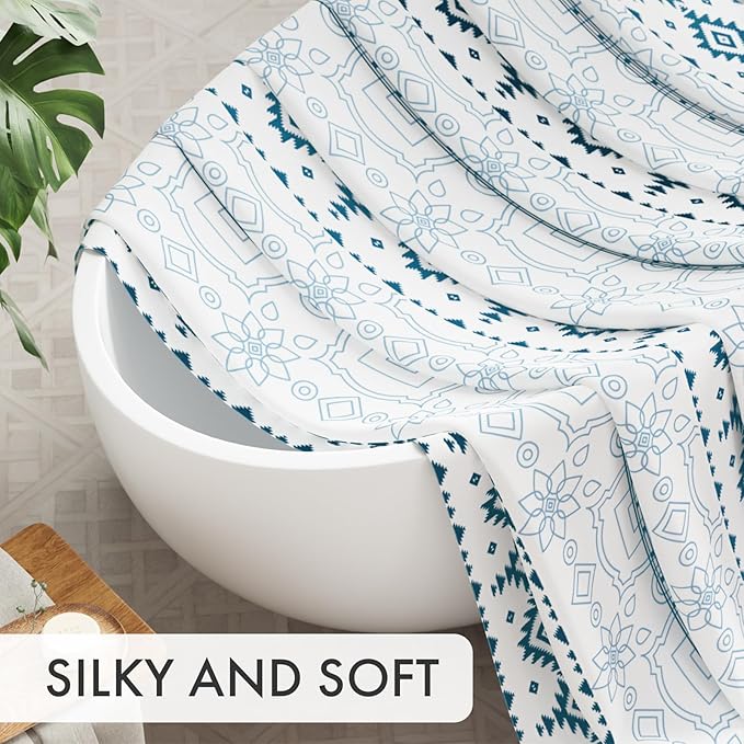 AmazerBath Boho Shower Curtain, 72x72 Washable Cloth Navy and White Shower Curtains for Bathroom, Fabric Rustic Neutral Shower Curtain Set with 12 Hooks, Modern Camper RV Dorm Stall Shower Curtain