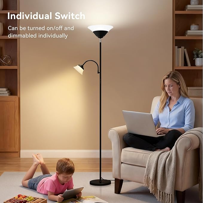 2-in-1 Torchiere Floor Lamp, 34W Super Bright LED Standing Lamp with Remote & Touch Control, 72" Dimmable Adjustable Corner Reading Lamp for Living Room, Bedroom, Office, Black