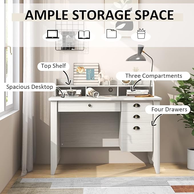 48" Vintage Computer Desk with 4 Storage Drawers & Top Hutch, Home Office Workstation with Drawer & Monitor Stand, Wooden Study Work Writing Table (White)