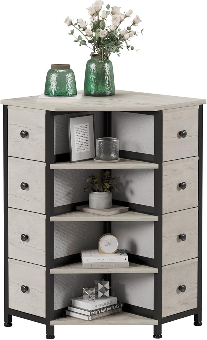 LUMTOK 8 Drawers Corner Dresser with Storage Fabric Drawers and Open Shelves for Small Space，Bedroom，Entryway，Living Room (Greige)