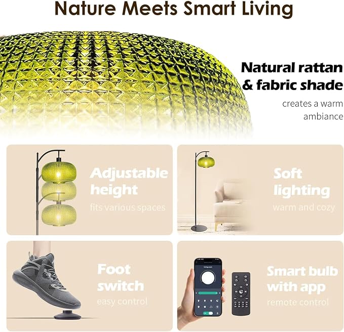Floor Lamp for Living Room with Green Glass Shade, Modern Standing Lamp with Remote Control, Black Dimmable Tall Lamp for Bedroom Office with 12W LED Bulb