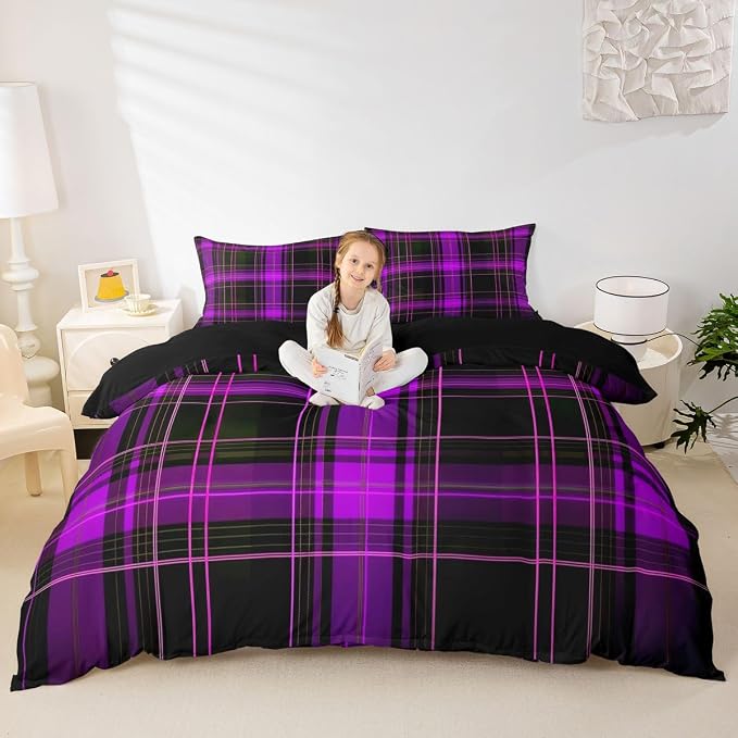 Erosebridal Geometric Plaid Grid Toddler Duvet Cover Modern Checkered Tartan Bedding Set for Kids Teens Vintage Purple Black Comforter Cover Farmhouse Cabin Decor Bed Set, 1 Pillowcase