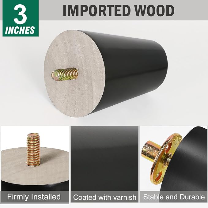 FoDau770 Black Rubber Wood Furniture Legs 3 Inches, Straight Tapered Wood Feet Mid Century Sofa Legs Set of 4, 5/16" UNC Furniture Feet for Cabinet Couch Dresser Chair Ottoman Table