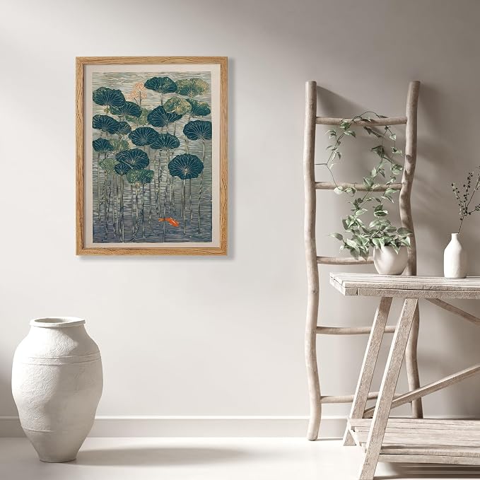 Framed Lotus And Koi Canvas Poster Japanese Floral Botanical Pond Wall Art Retro Oriental Asian Prints Decor for Bedroom Zen Meditation Room Home 16x24 inch