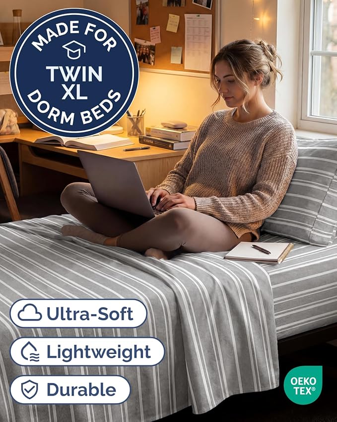 Twin XL Size 3 Piece Sheet Set - Comfy Breathable & Cooling Sheets - Hotel Luxury Bed Sheets for Women & Men - Deep Pockets, Easy-Fit, Soft & Wrinkle Free Sheets - Grey Stripes Oeko-Tex Bed Sheet Set