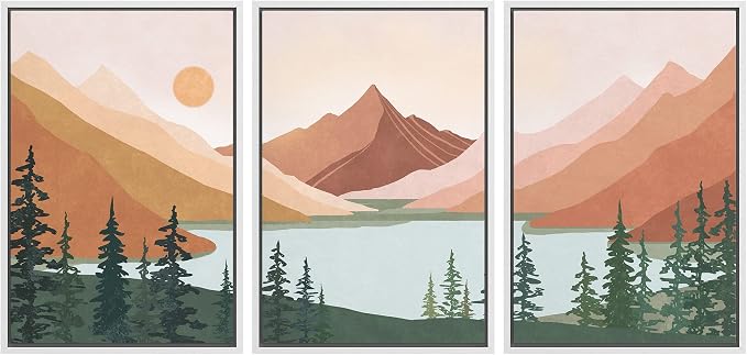 wall26 Framed Canvas Print Wall Art Set Geometric Mountain Forest Lake Abstract Nature Illustrations Modern Art Nordic Decorative Minimal Boho for Living Room, Bedroom, Office - 24"x36"x3 White