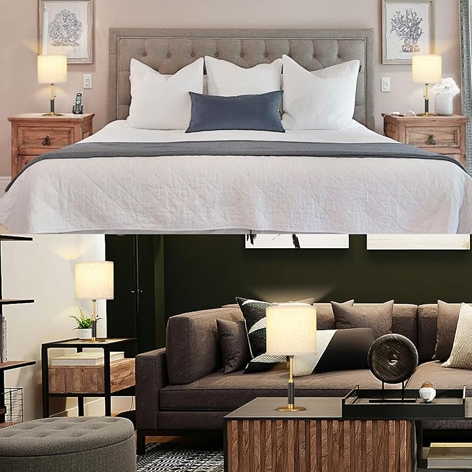 18.9" Set 2 Mid Century Bedside Table Lamp for Nightstand with Pull Chain, Lamp for Bedroom, Living Room, Solid Wood/Metal/Fabric Small Lamps for Home Office Room Decor (Light Brown+Brass)