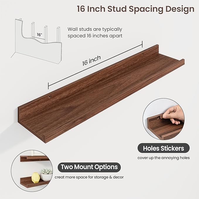Axeman 30 Inch Floating Shelves | Walnut Picture Ledge Shelf Set of 3 | Rustic Wood Wall Shelves with Lip | 30" Walnut Picture Shelf for Wall with Ledge | Photo Shelves