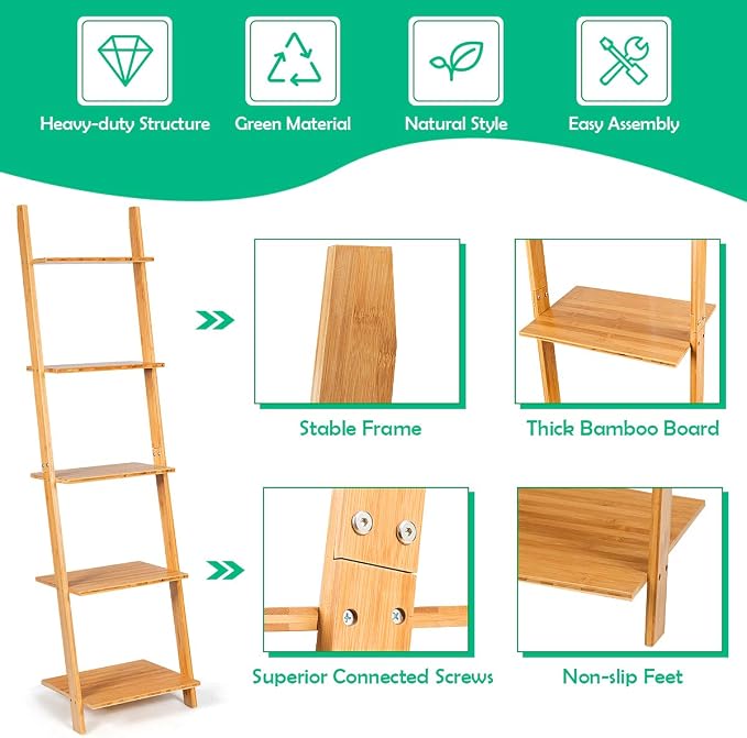 Tangkula Bamboo 5-Tier Ladder Shelf Bookshelf, Wall-Leaning Bookshelf, Plant Flower Stand, Storage Display Shelves for Living Room Bathroom Office, Multifunctional Ladder Bookcase (Natural)