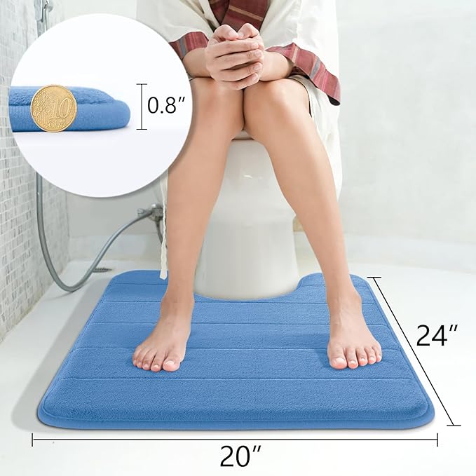 Yimobra Memory Foam Toilet Bath Mat U-Shaped, Soft and Comfortable, Super Water Absorption, Non-Slip, Thick, Machine Wash and Easier to Dry for Bathroom Commode Contour Rug, 24 X 20 Inches, Blue