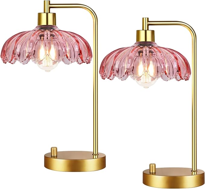 Pink Table Lamp Set of 2,Small Gold Bedside Lamps Dimmable Boho Bedroom Lamp with Tulip Flower Glass Lamp Shade,Vintage Mid Century Modern Mini Nightstand Lamp for Bedroom Living Room
