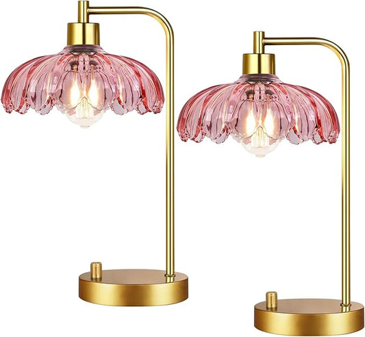Pink Table Lamp Set of 2,Small Gold Bedside Lamps Dimmable Boho Bedroom Lamp with Tulip Flower Glass Lamp Shade,Vintage Mid Century Modern Mini Nightstand Lamp for Bedroom Living Room
