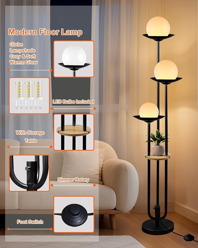 63IN Globe Floor Lamp with Table, 3-Lights Modern Dimmable Floor Lamps with 3000K Soft Warm White Bulbs for Wedding/Party, Black Tall Standing Lamp for Living Room/Bedroom