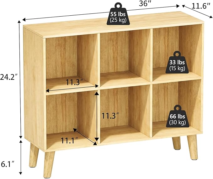 6 Cube Storage Organizer with Legs, 2 Tier Cube Low Horizontal Bookcase Freestanding Storage Display Organizer for Home Office, Six-Cubes Unit Open Shelf Bookshelf (Natural Oak,6 Cube)