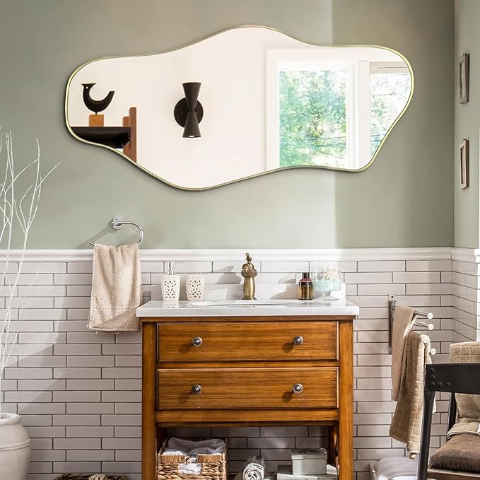 Irregular Mirror, 47.2"x21.6" Asymmetrical Frameless Mirrors, Gold Abstract Wall Mirror Decorative, Modern Unique Shaped Mirrors for Living Room Bathroom Bedroom Hallway Entryway Fireplace