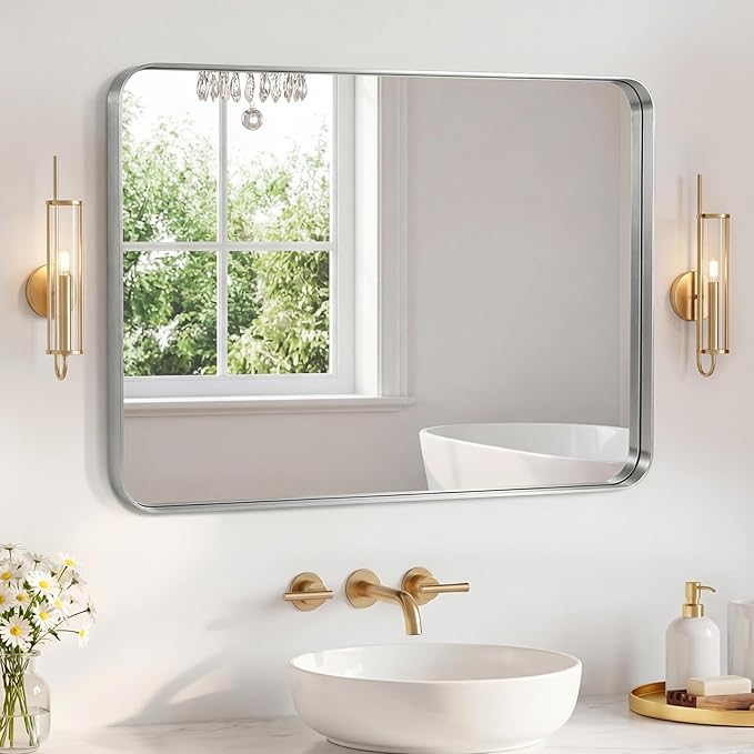 NEWBULIG 32X40 Inch Bathroom Mirror for Over Sink, Wall Vanity Mirrors Tempered Glass, Anti-Rust Metal Framed Rounded Rectangle, Hangs Horizontally or Vertically, Farmhouse Home Decor, Silvery