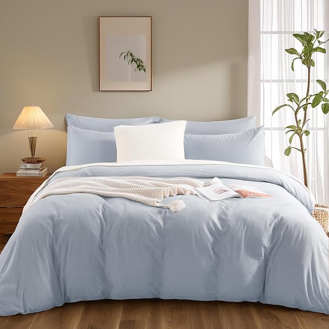 NEXHOME PRO Full Duvet Cover Set, 100% Washed Cotton with Linen-Like Texture, Natural Organic, Breathable & Comfortable, Includes Home Bedding Set Cornflower Blue (No Comforter) 80"x90"