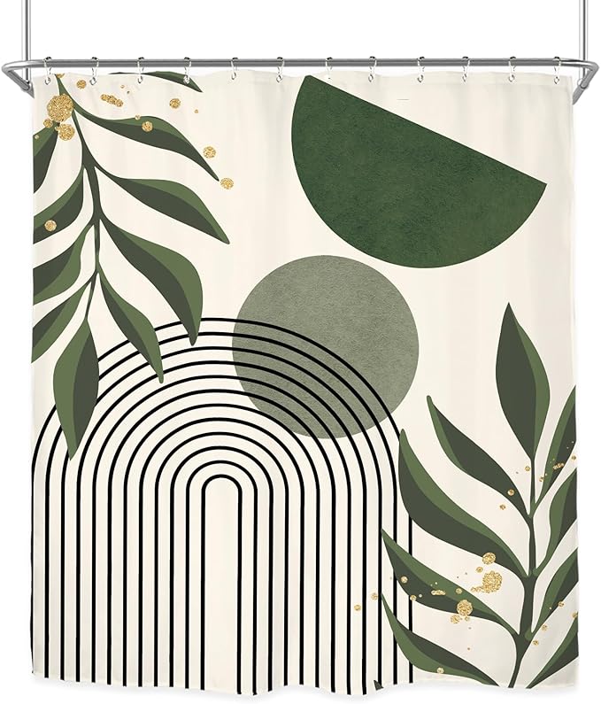 Miyotaa Abstract Sage Green Minimalist Shower Curtain Set 60Wx71H Inches Geometric Aesthetic Modern Mid Century Neutral Contemporary Plant Leaves Waterproof Bathroom Curtain with 12 Hooks