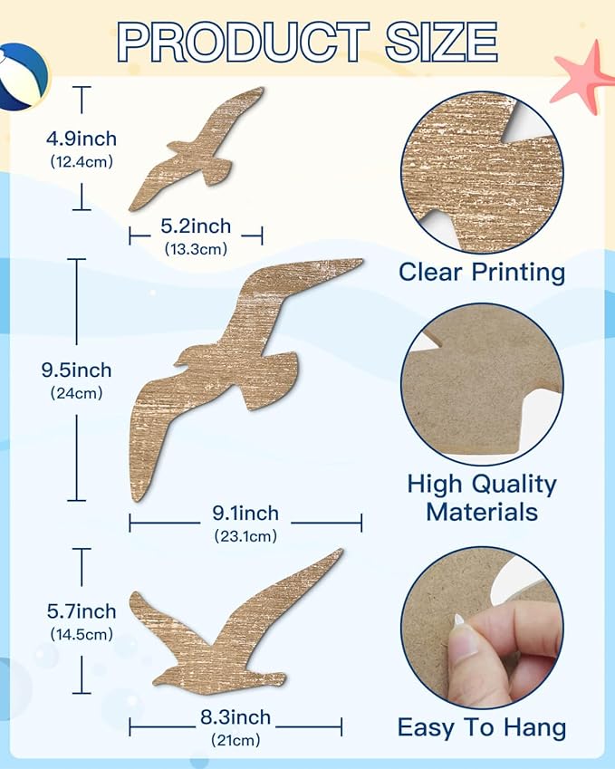 Putuo Decor 3 Pcs Wooden Seagull Wall Decor Beach Nautical Coastal Wall Sculpture Self-adhesive Lake House Ocean Decor Vintage Ornaments for Home Bathroom