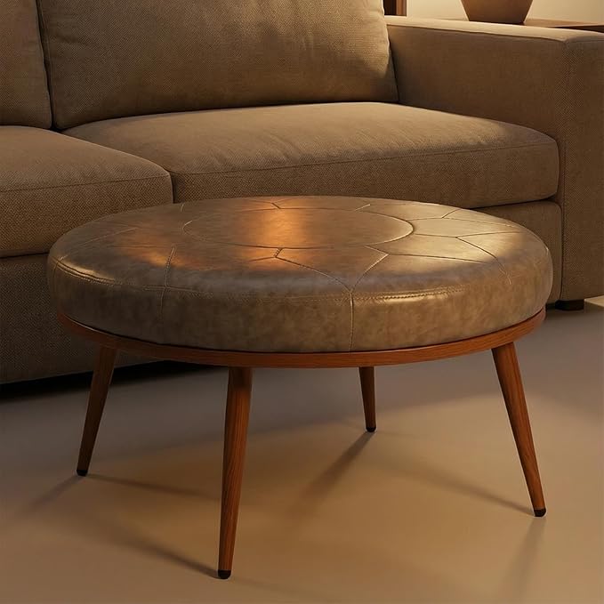 Elegant Round Ottoman Coffee Table - PU Leather Fabric, Metal Frame, Thick Cushioned Tabletop for Living Room, Therapy Room, or Style Lovers - Perfect as Coffee Table, Footstool, or Chair-Grey