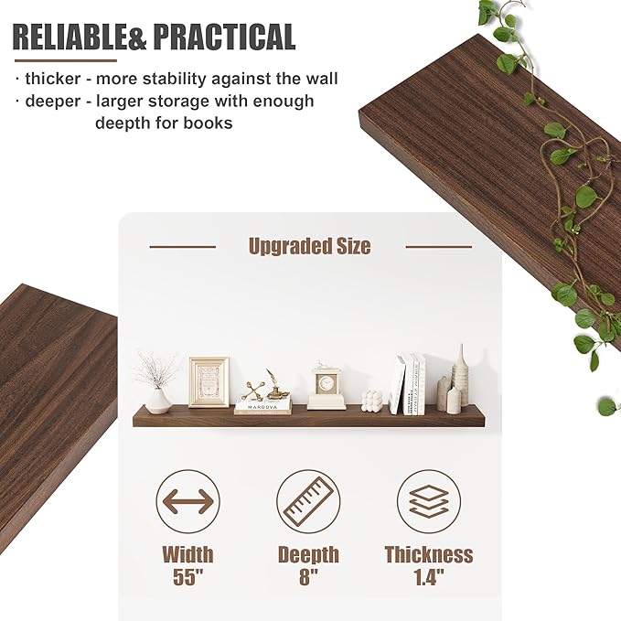 Floating Shelves for Wall, USA-Sourced Sapele Wood 55 Inch Long Wall Shelves, Natural Wooden Mounted Picture Ledge Shelf, Nursery Book Storage Shelf Kids Bookshelf, Display Shelf for Bathroom