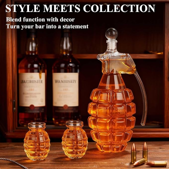 Birthday Gifts for Men, Grenade Shape Whiskey Decanter Set with 2 Shot Glasses, Cool Christmas Anniversary Retirement Gifts for Dad Husband Grandpa, Unique Bourbon Presents