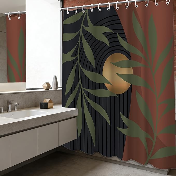 Boho Orange Shower Curtain, Mid Century Modern Green and Orange Shower Curtains for Bathroom, Waterproof Fabric Set with Hooks, 70" W x 72" L