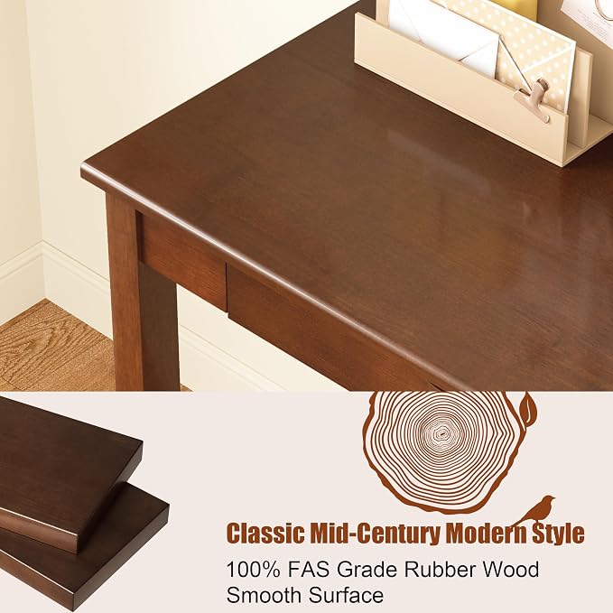 100% Solid Wood Desk with 2 Drawers, 39 x 16 Inch Narrow Mid Century Modern Desk, Vintage Small Wooden Writing Table for Small Spaces Bedroom, Living Room, Office