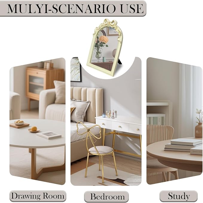 Cream Bow Mirror - 13x10 Inch Elegant Decorative Accent, Wall-Mounted & Tabletop Makeup Mirror for Bedroom Decor