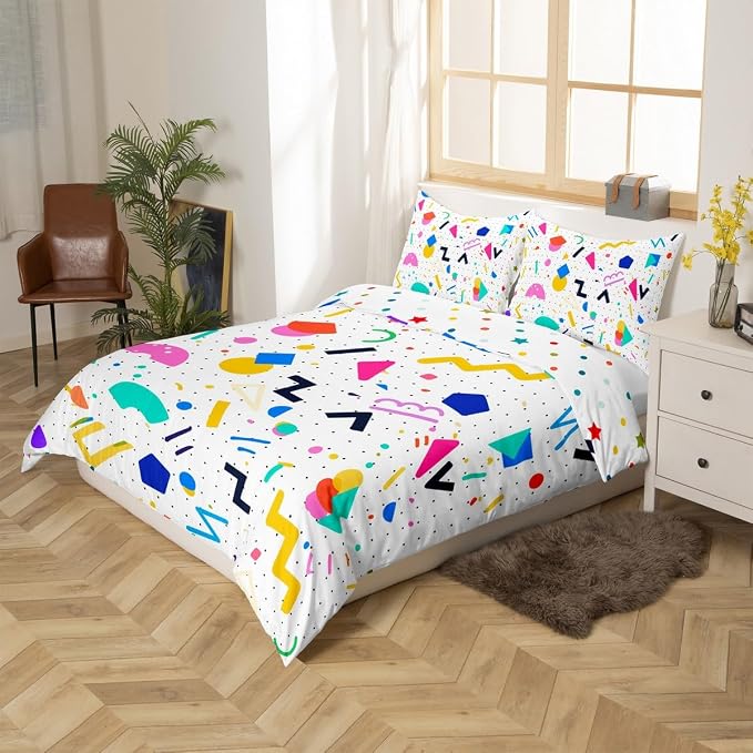 80s Bedding Set Memphis Pattern Old Fashion Comforter Cover,Vintage 90s Memphis Style Duvet Cover Abstract Geometric Pattern Retro Bed Set Full,Rainbow Urban Modern Circles Triangle Room Decor