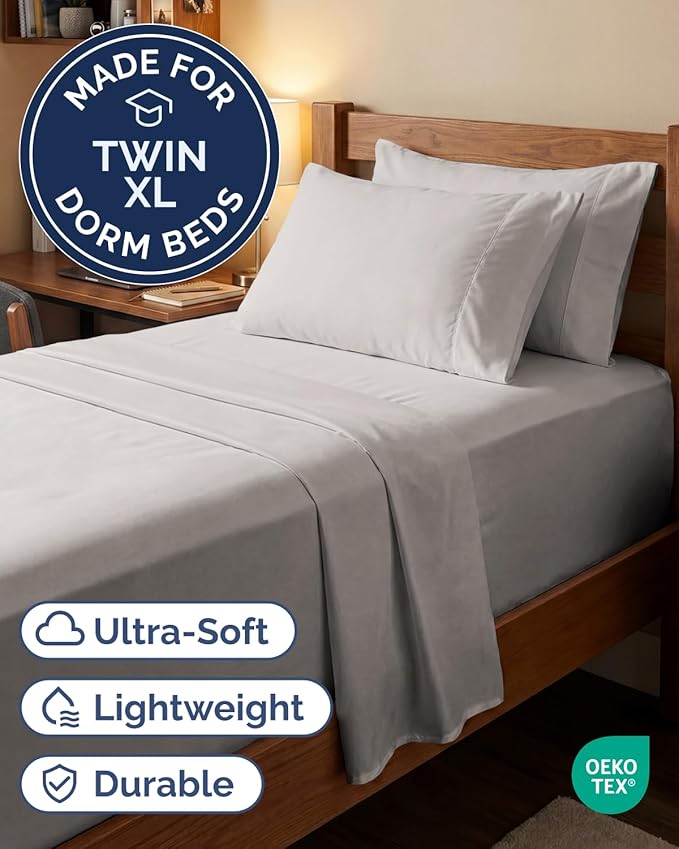 Extra Deep Twin XL Sheet Set - 4 Piece College Dorm Bed Sheets Set with Extra Deep Pockets - Ultra-Soft, Comfy & Breathable Bedding for Women, Men, Kids & Teens - Wrinkle & Fade Resistant - Light Grey