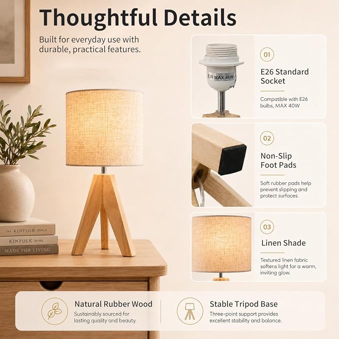 Tripod Table Lamp Linen: Small Bedside Lamp with Natural Rubber Wood Base, Wooden Nightstand Lamp for Bedroom Living Room Nursery Office, Mid Century Modern Desk Lamp, E26 Socket