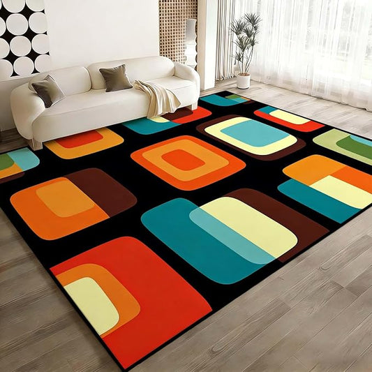 Mid Century Modern Rug, Colorful Abstract Geometric Area Rug, Retro Atomic Starburst Rugs, Washable Non-Slip Soft Low Pile 1950s Carpet for Living Room, Bedroom (10' x 16'(Rectangular))