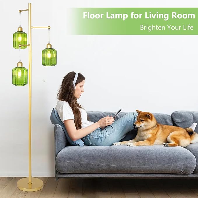 Glass Floor Lamp for Living Room,3-Light Gold Boho Flower Floor Lamp for Bedroom,Farmhouse Standing Lamp Tree Floor Lamps Vintage Retro Brass Tall Lamps for Bedroom,Office,Corner(LED Bulbs Included)