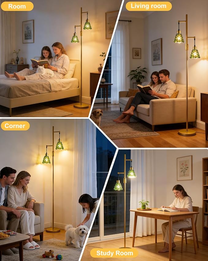 2-Light Modern Glass Floor Lamp, Gold Standing Tall Lamp with Green Shell Glass Shade, Dimmable LED Floor Lamp with 5Lbs Heavy Base for Living Room Bedroom Home Decor, Bulb Included