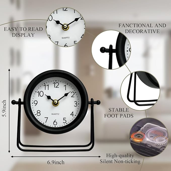 EMAX HOME Small Black Desk and Shelf Clock, 5.9*6.9 Inch Retro Elegant Tabletop Clock with Glass Cover, Silent Non-Ticking Battery Operated Decorative Clock for Living Room, Office, Bedroom, Gift Idea