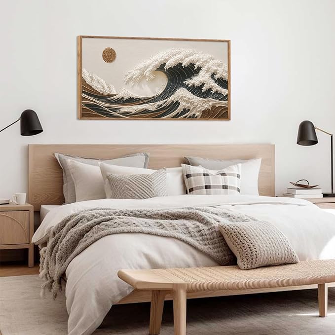 HLNIUC Boho Sea Wave Wall Art Canvas,Abstract Sun Artwork,Seascape Wall Art,Sea Sun Framed Decor,Mid Century Painting,Ocean Wave Artwork,Minimalist Landscape Prints for Living Room,Bedroom Home 20*40"
