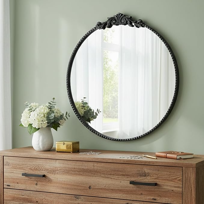 ZIYOO Vintage Baroque Round Wall Mirror 24"x24", Black Ornate Carved Frame Decor Mirror for Entryway Living Room Bedroom Hallway (Black Metal,24"x24")