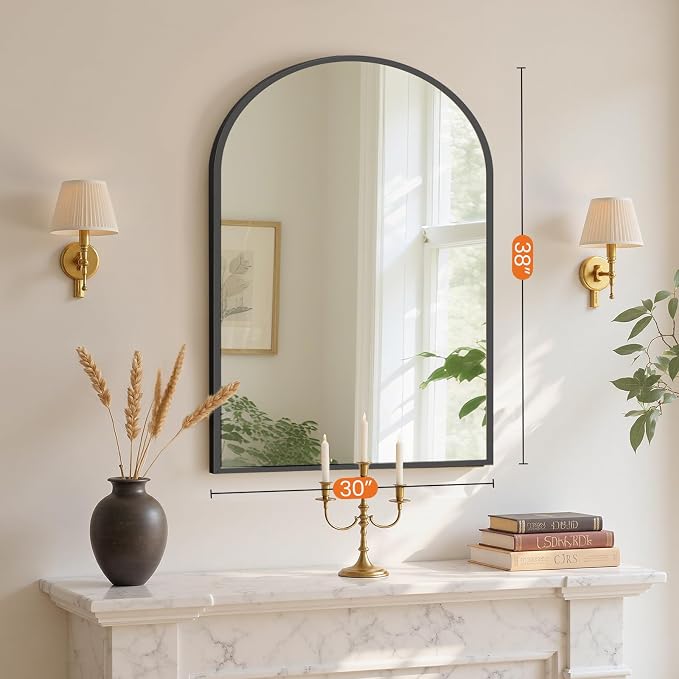 NEWBULIG 38X30 Inch Arched Bathroom Mirror for Wall, Vanity Bathroom Mirrors for Over Sink Tempered Glass, Anti-Rust Arched Metal Framed, Hangs Horizontally or Vertically, Farmhouse Home Decor, Black