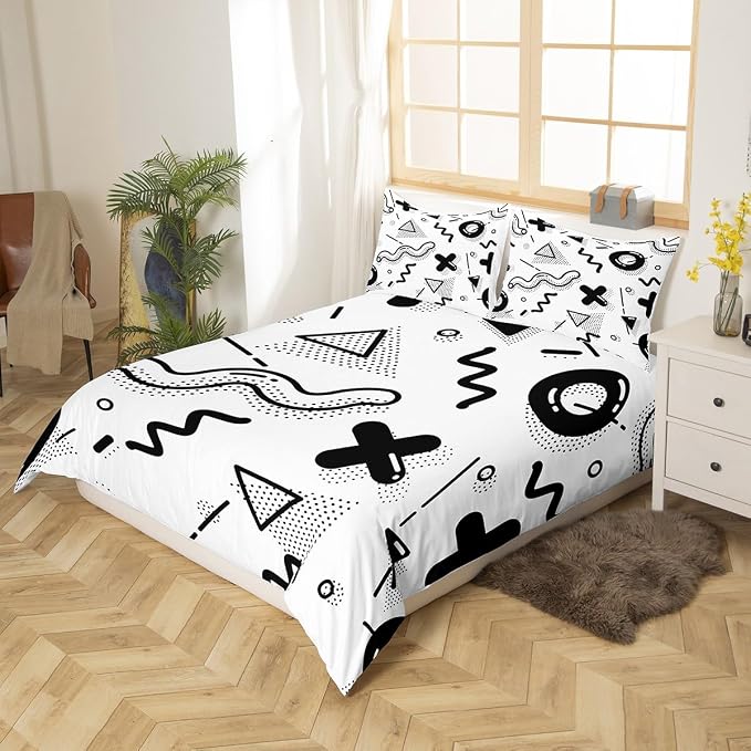 Manfei Memphis Duvet Cover Set Full Size, Retro 80s 90s Fashion Style Comforter Cover with 2 Pillowcases, Geometric Black White Bedding Set 3pcs for Kids Boys Lightweight Bedspread Cover,No Comforter