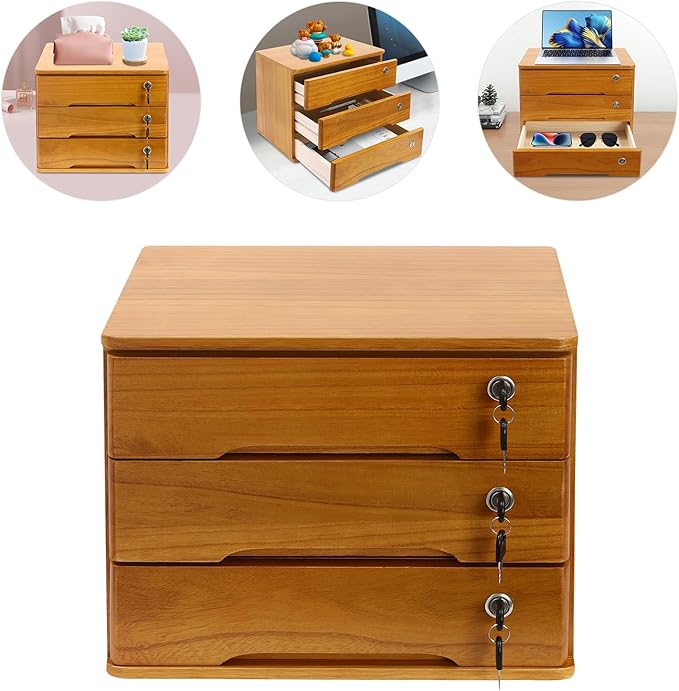 Desktop File Organizer with Lock, 2/3/4 Tier Multi-Drawer Wooden Storage Cabinet, Office Supply Organizer for Home Desk, Study & Workplace (Brown, 3 Layers)